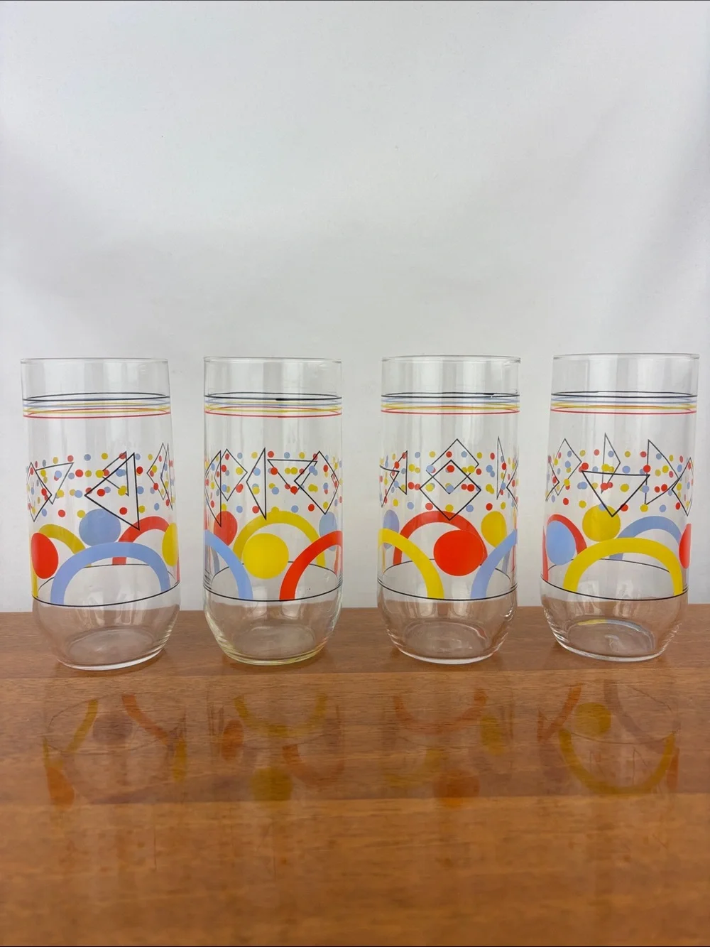 Vintage retro 80s Memphis geometric primary colors drinking glasses set of four
